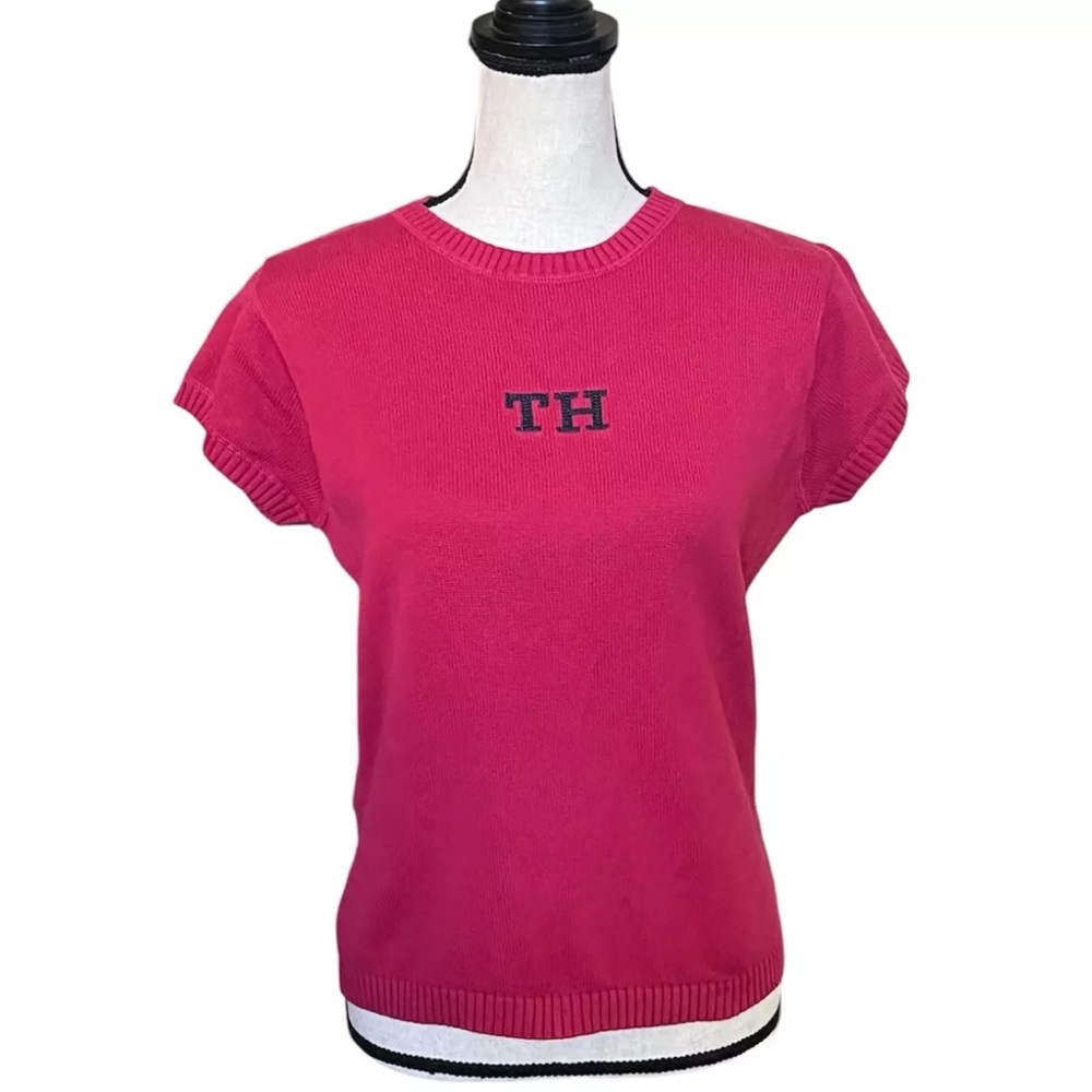 Tommy Hilfiger Sweater Women’s M Raspberry Short Sleeve Y2K Vintage Embroidered